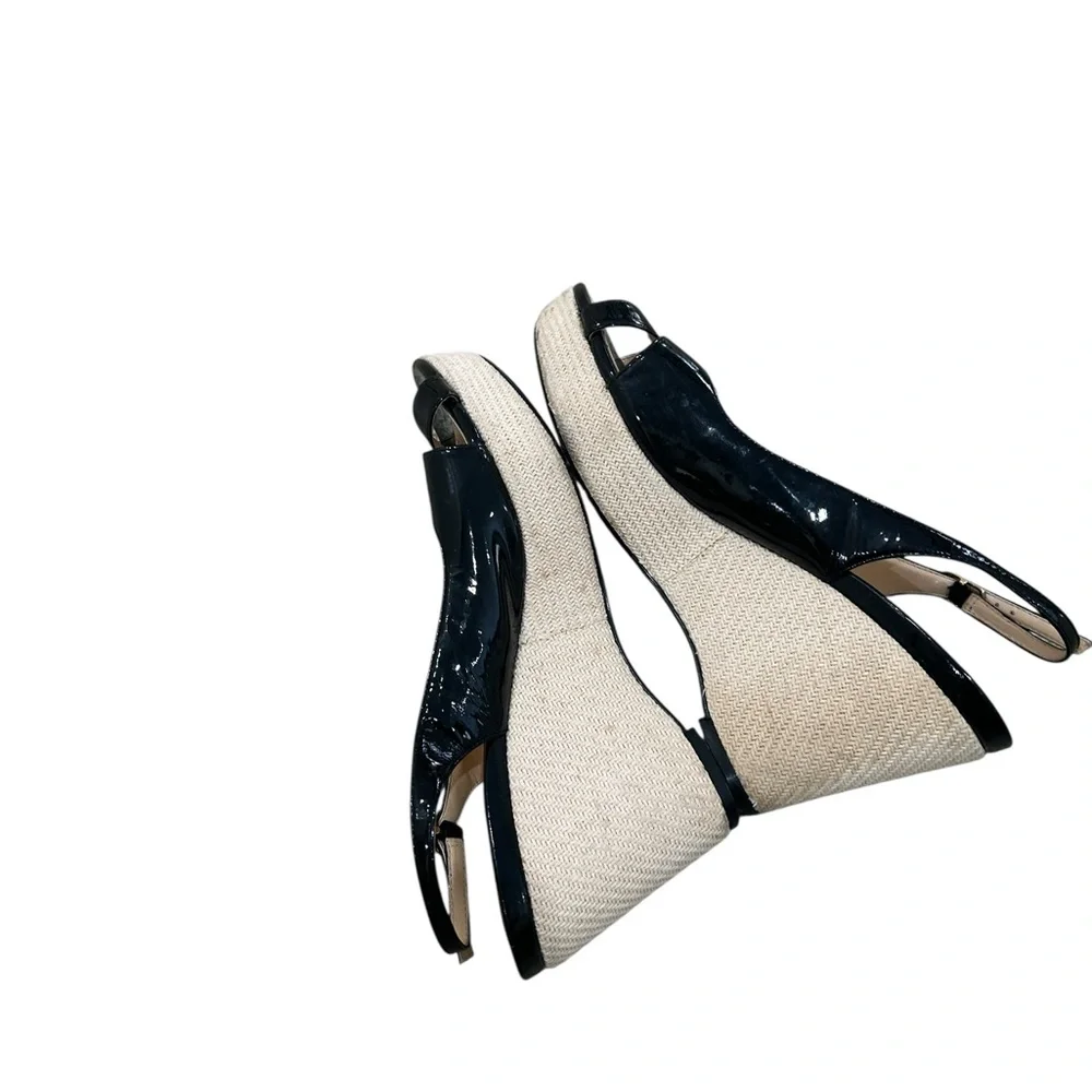Cole Haan Black Patent Leather Wedge Slingbacks with Natural Woven Heel size 9